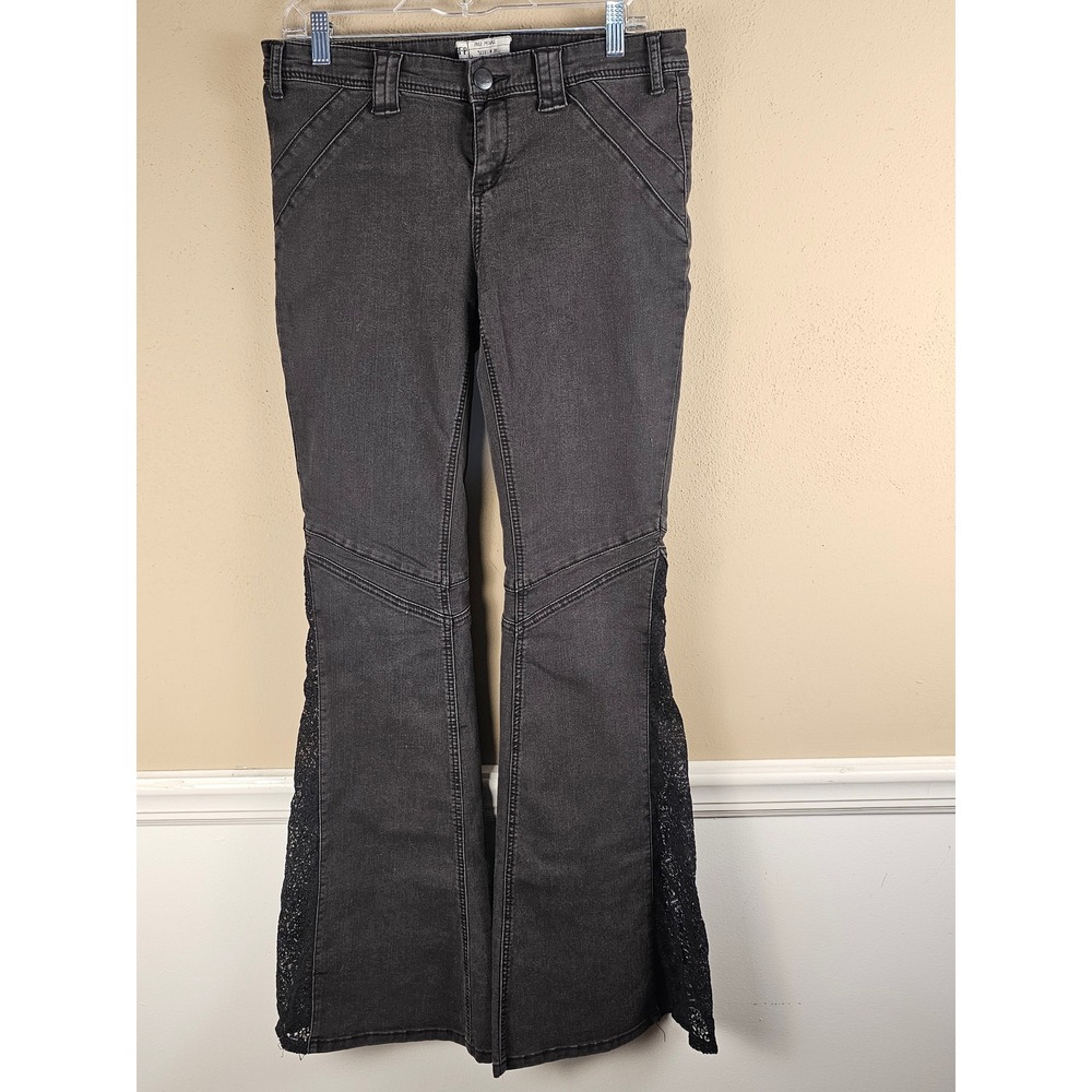 Free People Womens Washed Out Black Lace Inset Flare Jeans 31